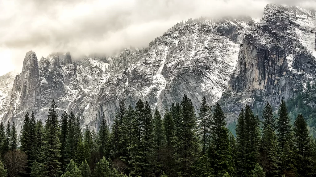 mountains snow clouds trees landscape