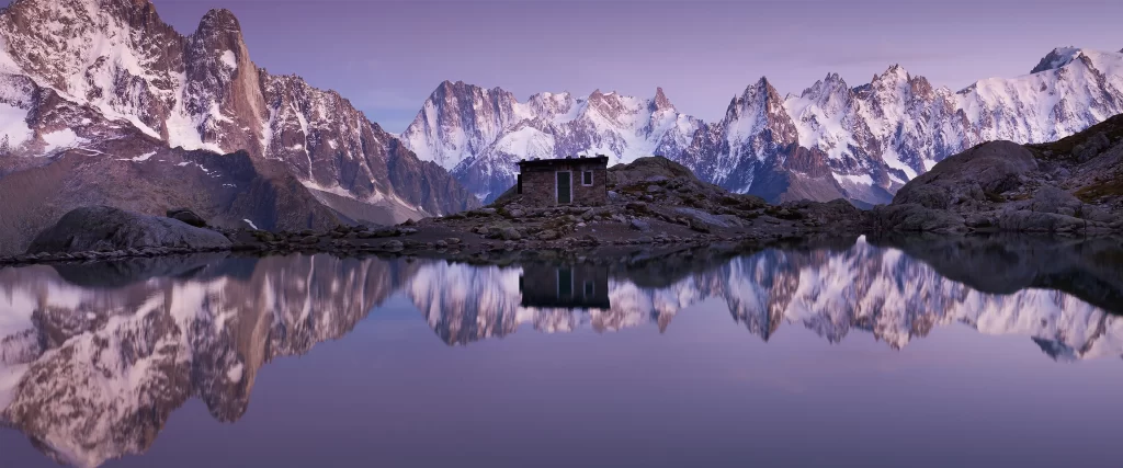 mountains, snow, reflection, lake, cabin, twilight