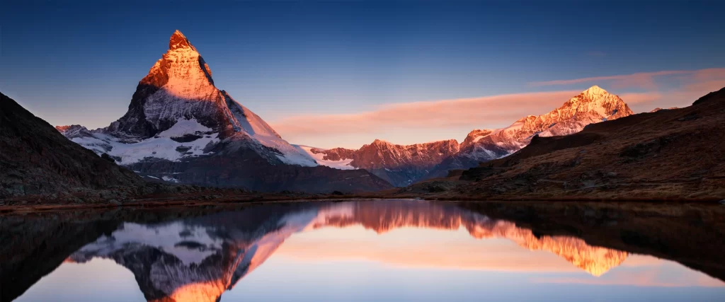 mountains, sunset, reflection, lake, snow, sky
