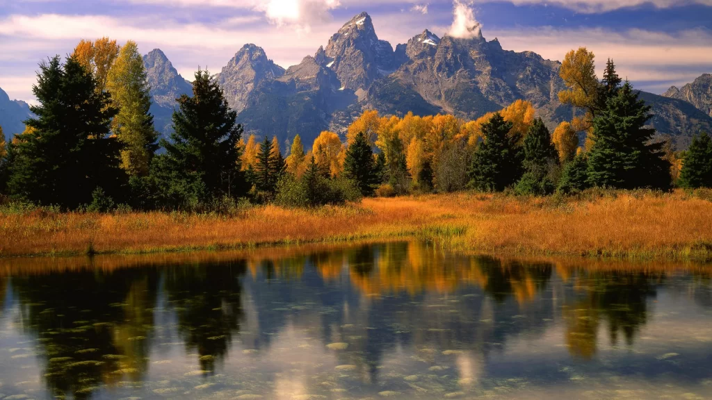 mountains trees autumn reflection lake sky
