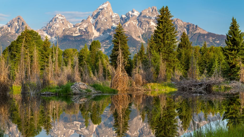 mountains trees lake reflection sky nature