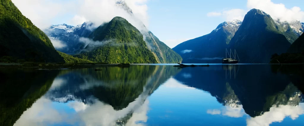 mountains, water, reflection, clouds, boat, nature