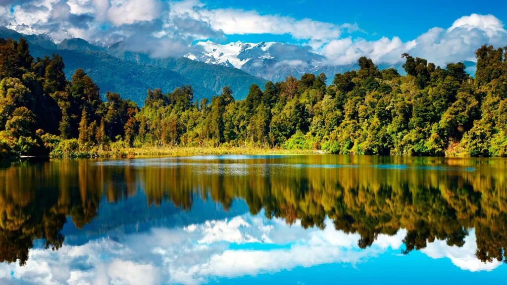 nature, lake, mountains, trees, reflection, sky