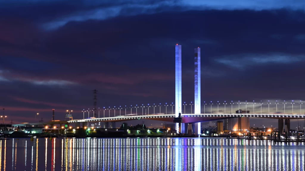 night bridge lights reflection water sky