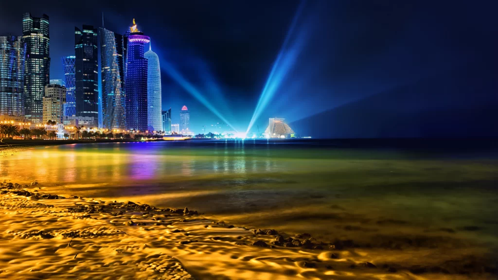 night cityscape beach lights reflections skyscrapers water urban