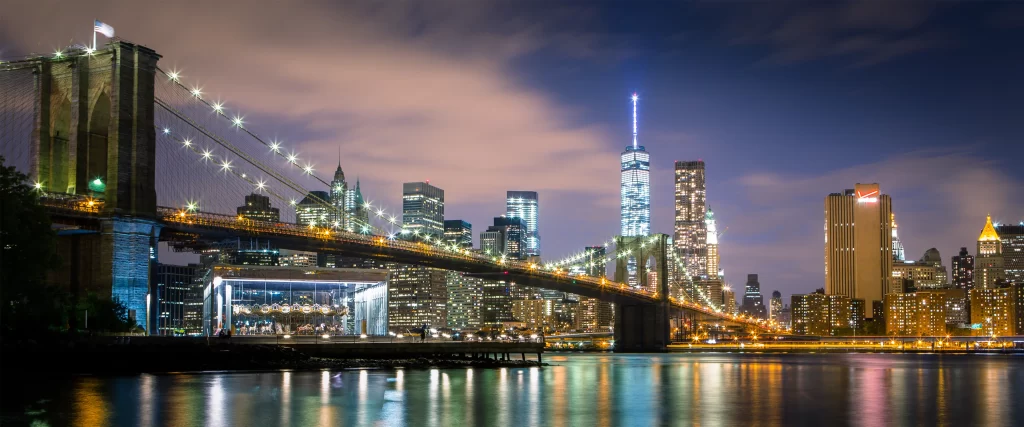 night cityscape bridge lights reflection skyscrapers