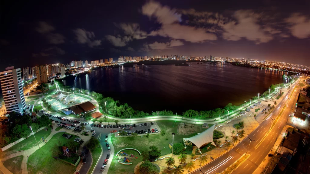 night cityscape lake lights buildings
