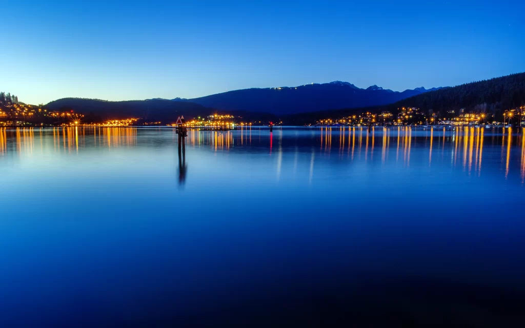 night lake reflection mountains lights calm