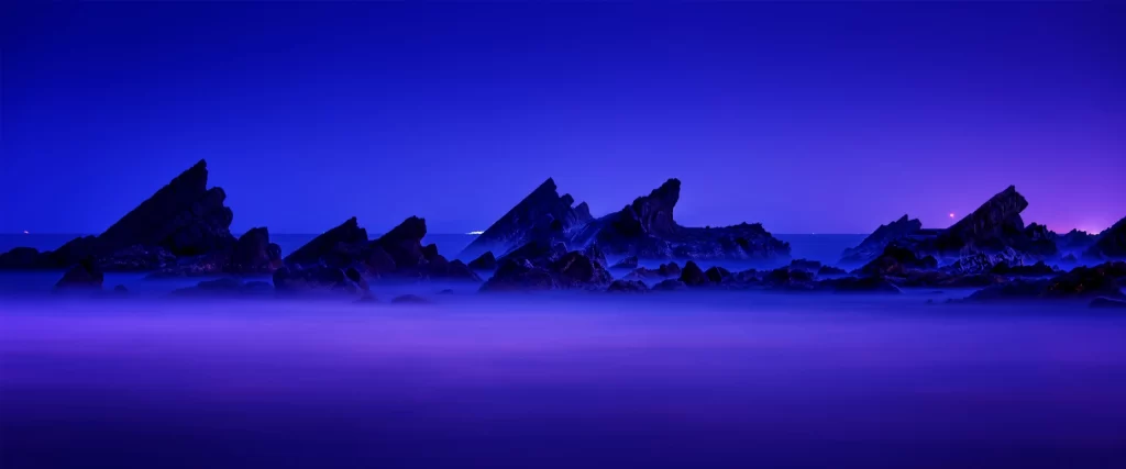night, rocks, ocean, mist, purple, serene