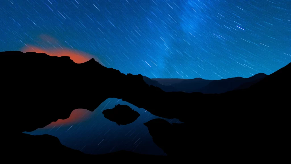 night sky stars mountain lake reflection