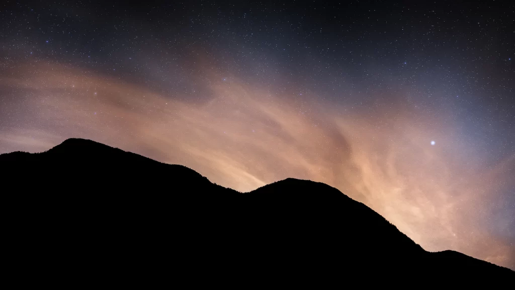 night sky, stars, mountains, clouds, silhouette, serene