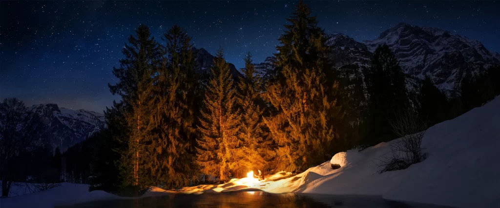 night, snow, trees, mountains, campfire, stars