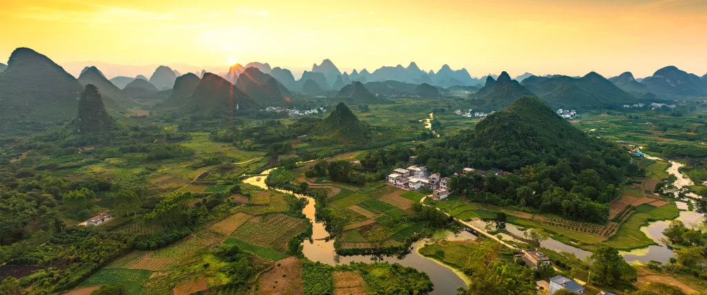 panoramic landscape sunrise mountains river fields