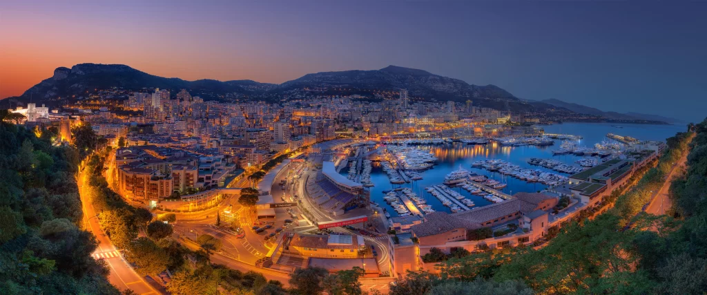 panoramic twilight cityscape harbor lights