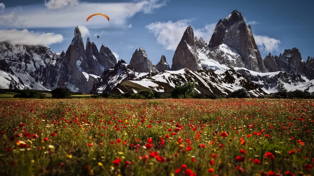 paraglider mountains flowers sky clouds landscape nature adventure