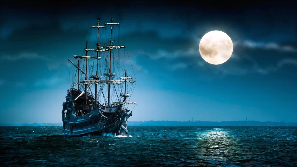 pirate ship moonlight ocean night sky reflection