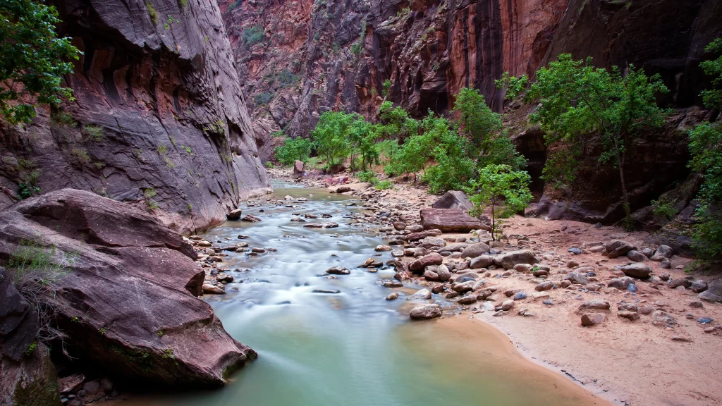 river canyon rocks greenery water nature