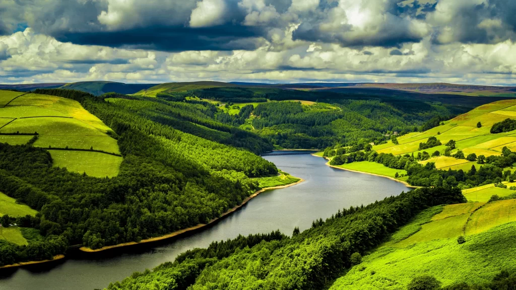 river landscape greenery hills clouds nature
