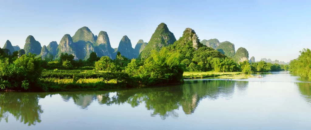 river, mountains, greenery, reflection, clear sky, tranquility