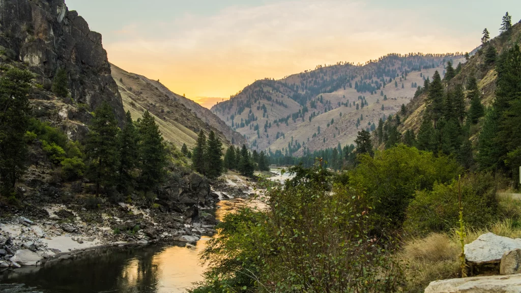 river mountains sunset trees landscape nature