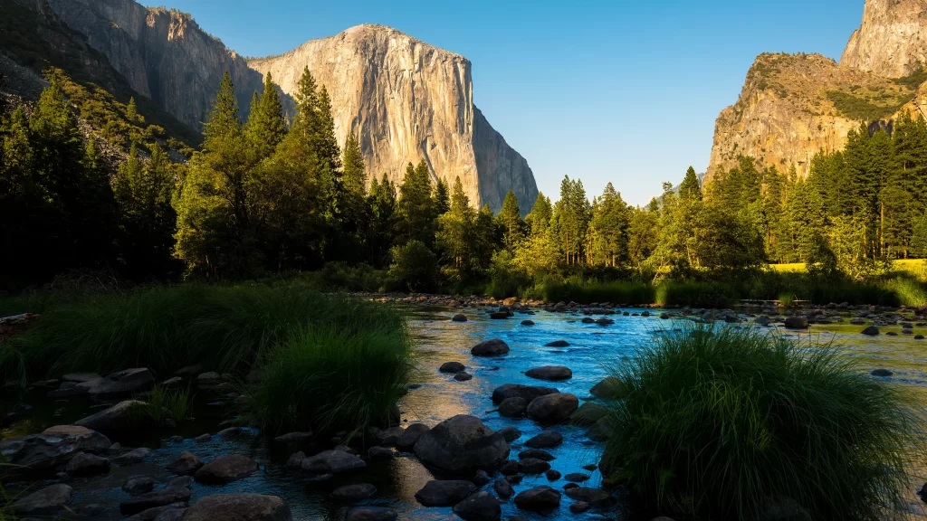 river mountains trees rocks sunlight landscape