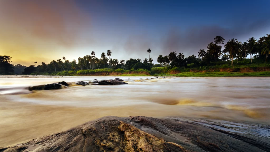 river rocks trees sunset water landscape