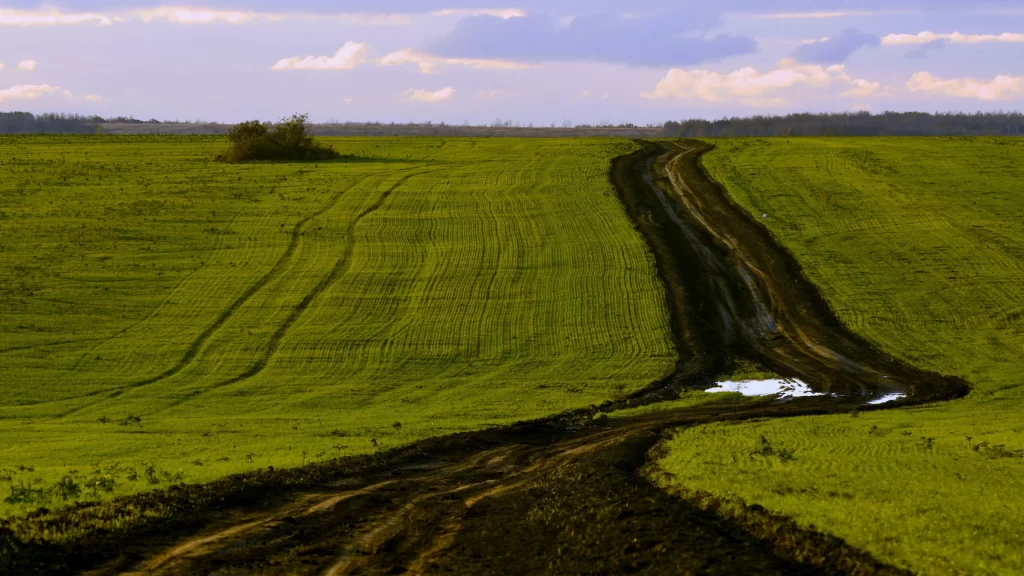 road field green sky clouds rural