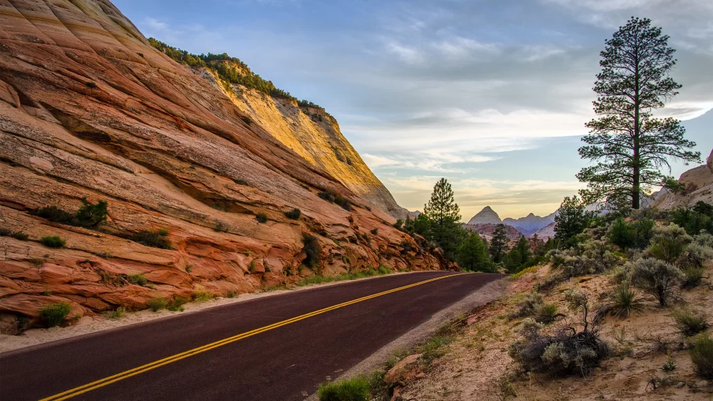 road mountain nature landscape sunset trees