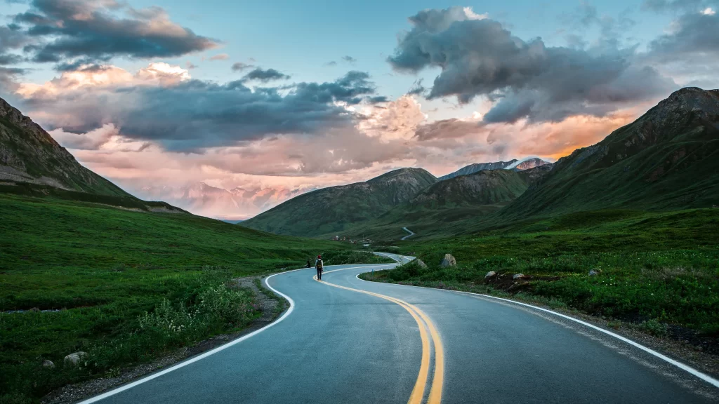 road mountains clouds sunset landscape nature