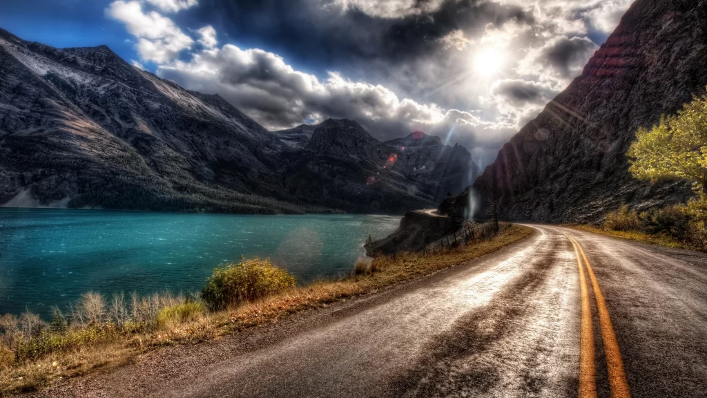 road mountains lake sunlight clouds landscape