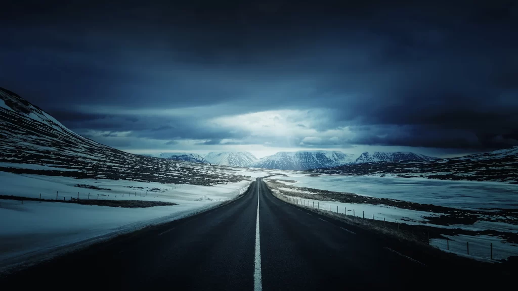road snowy mountains cloudy landscape journey
