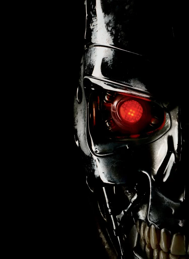 robot skull red eye metallic futuristic dark intense science fiction