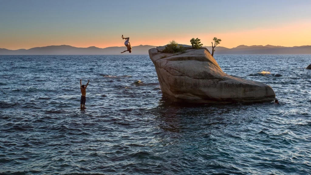 rock water sunset jump cliff nature