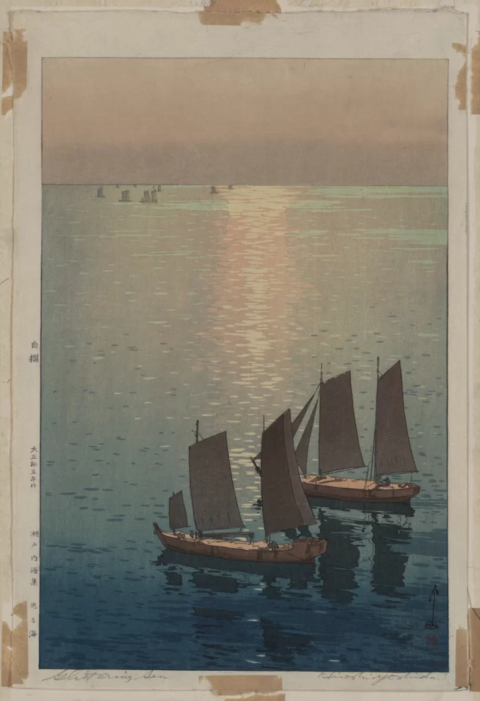 Sailing Boats Sunset Calm Sea Traditional Style Serene Atmosphere Japanese Art