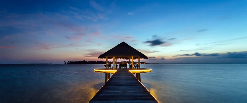 seaside pier sunset tropical gazebo calm
