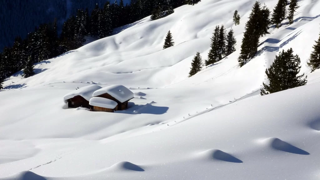 snow cabin mountain trees winter landscape