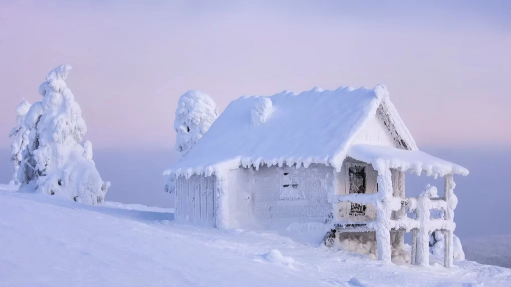 snow cabin winter landscape trees sky