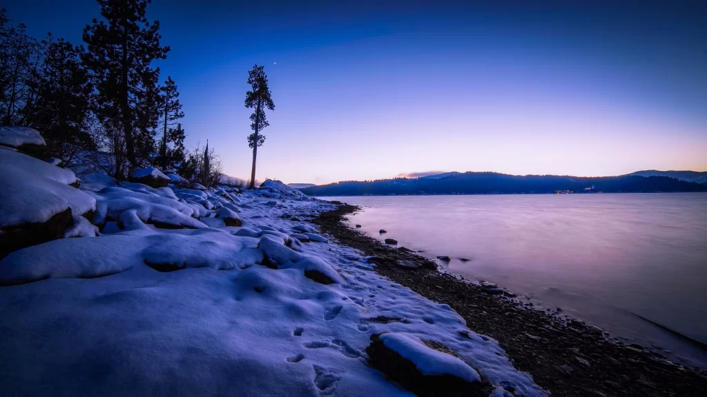 snow lake twilight trees calm