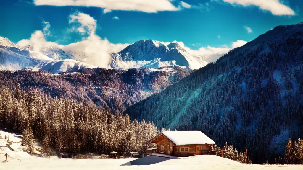 snow mountain cabin trees sky