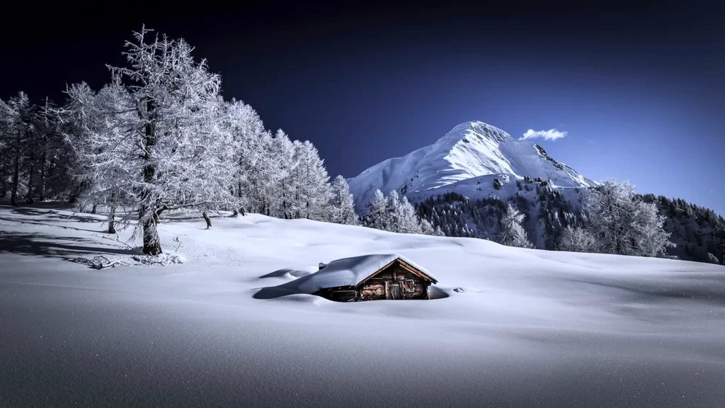 snow mountain cabin trees winter
