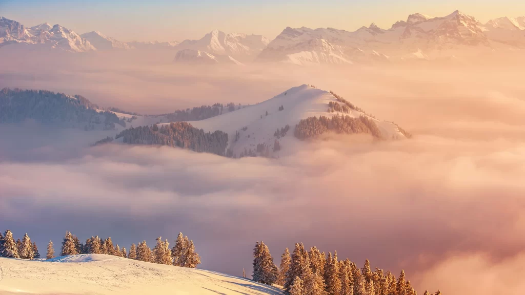 snow mountain landscape sunrise fog trees