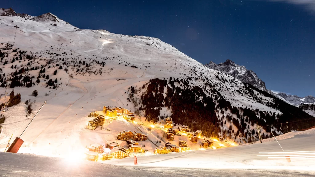 snow mountain night lights ski resort