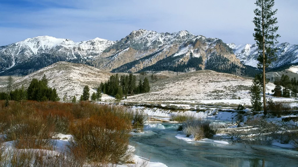 snow mountain river trees winter