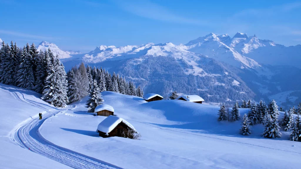 snow mountain trees houses sky
