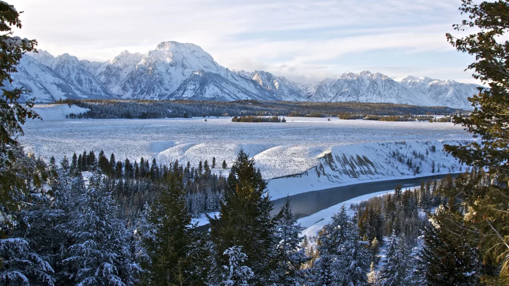 snow mountain trees river winter