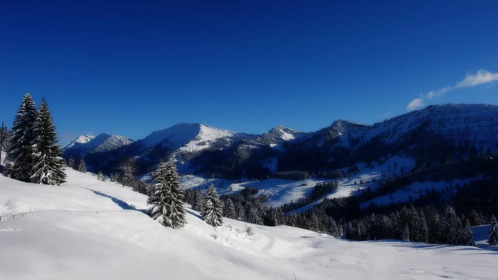 snow mountain trees sky clear