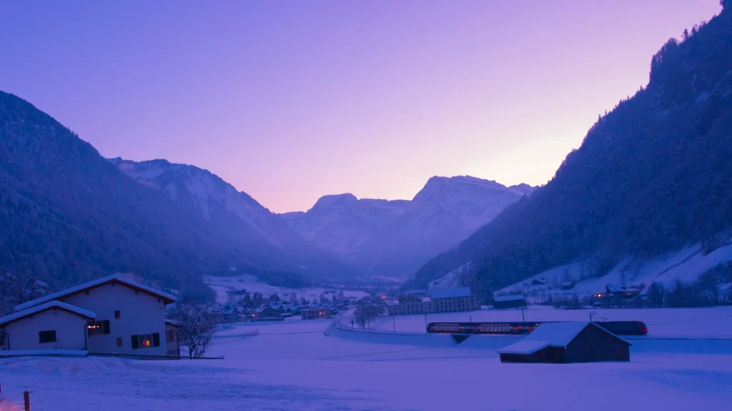snow mountain twilight train house