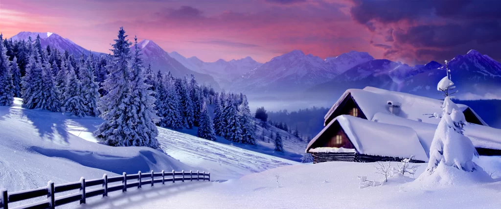 snowy landscape, mountain, cabin, trees, twilight, serene