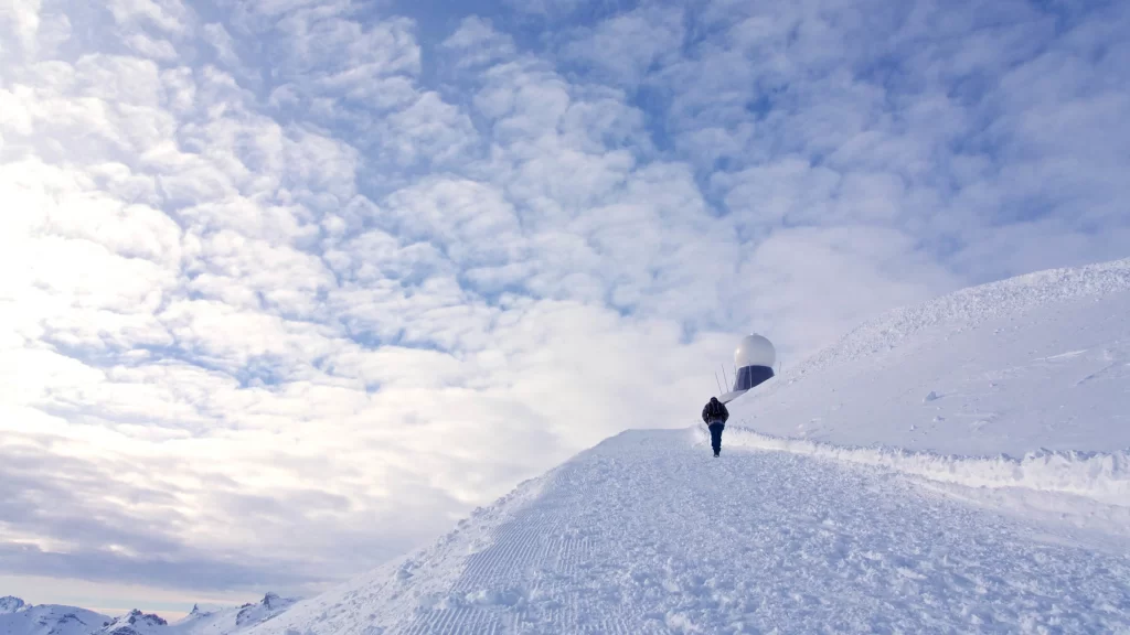 snowy mountain, clouds, sky, path, person, dome