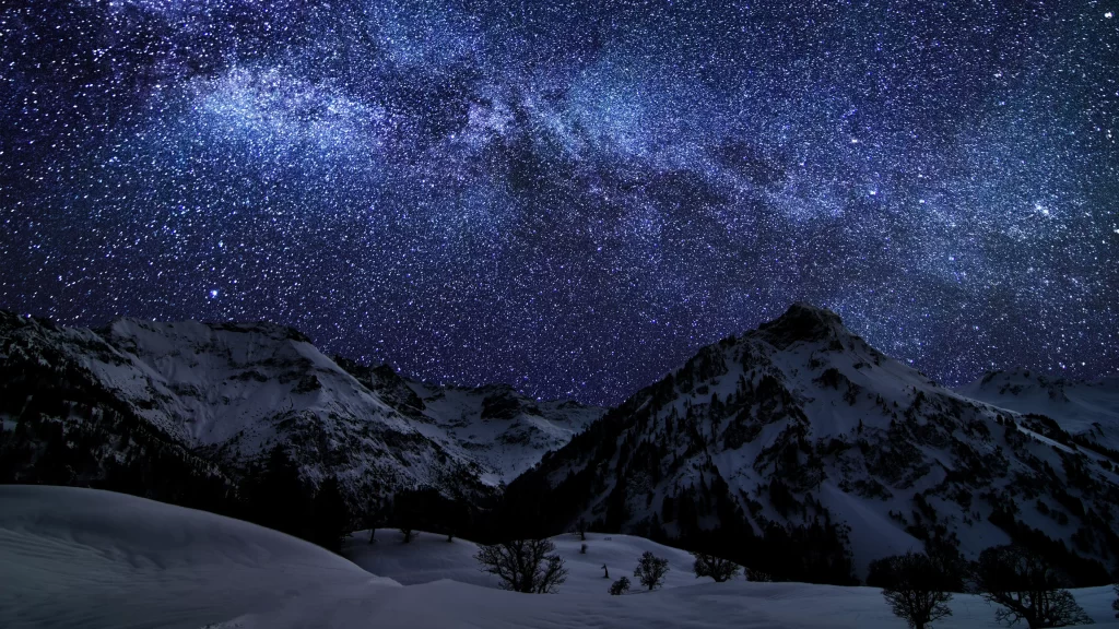 stars night sky mountains snow Milky Way landscape astronomy nature